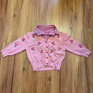 Set Belle Poque Pink Cherry Sweater Cardigan and Detachable Red Gingham Collar
